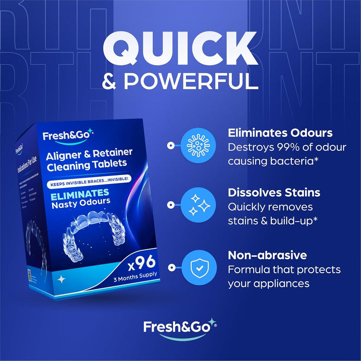 ® Retainer Cleaning Tablets - 3 Months Supply - 96 Tablets Fresh, Mint, Clean, Brite, Stain-Free - Eliminates Odour - Suitable for Dentures, Mouth Guards, Retainers, Aligners