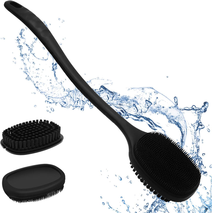 Silicone Body Scrubber for Shower with Long Handle, Double Sided Shower Brush for Shower Exfoliating and Massage Can Produce Rich Foam, Long Handle Back Scrubber for Men