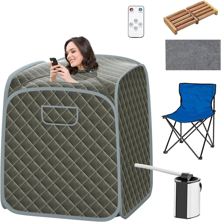 Portable Steam Sauna Tent, Folding Personal Full Body Spa Steam Pot with 9-Gear Adjustable Temperature & Timer, Remote Control, Chair, Home Saunas Spa for Relaxing Body Therapy Slimming (Black)