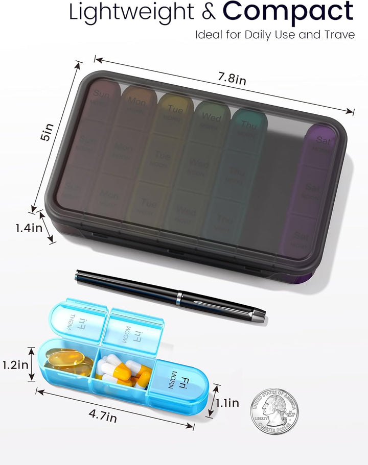 Weekly Pill Box 7 Day 3 Times a Day (Morn/Noon/Night), Daily Portable Travel Pill Box Organiser, Tablet Organiser with Large Compartments, Hold for Fish Oils, Vitamins, Supplements (Black)