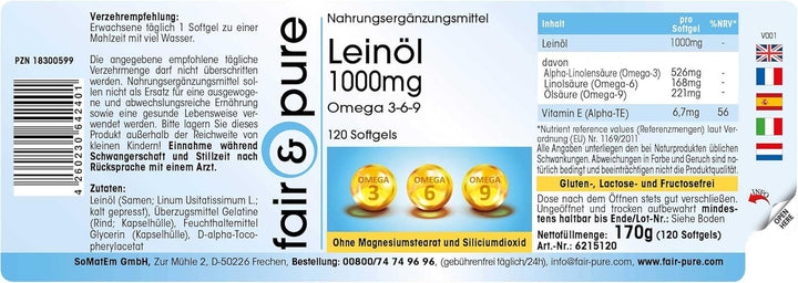 ® - Linseed Oil 1000 Mg - 120 Softgels - Essential Fatty Acids Omega 3 6 9 - Easy to Swallow