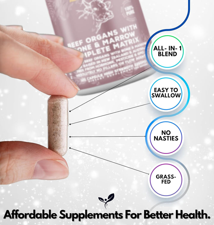Premium Beef Organs & Bone & Marrow Complex Duo - 120 Capsules Grass-Fed Freeze-Dried Liver, Bone & Marrow, Heart, Kidney, Pancreas, Spleen, Intestine, Tripe/Stomach, No Hormones, Antibiotics or GMO