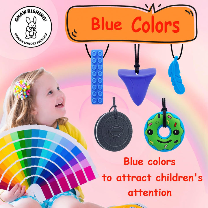 Chew Necklaces for Sensory Kids 5 Pcs Blue Sensory Chewy Toys for Autism Girls and Boys, ADHD Toddler, Adult