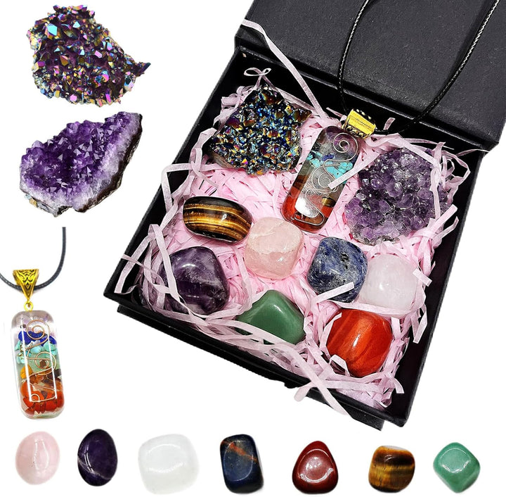 10Pcs Healing Crystals Set Real Crystals Stones Kit, Chakra Crystals Gemstones Amethyst Clusters,Geode Crystals,Chakra Necklace Witchcraft Crystals Gifts Beginners Gifts for Women