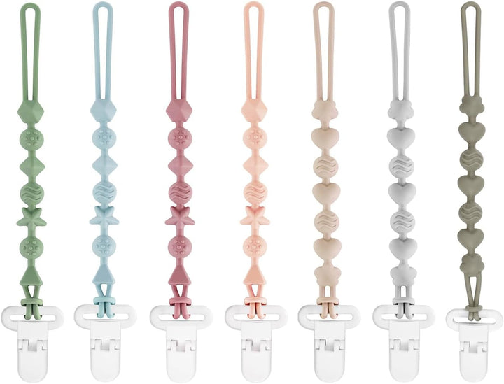 7 Pack Silicone , One Piece Design Pacifier Holder for Baby Boys & Girls, Teething Toys Teethers