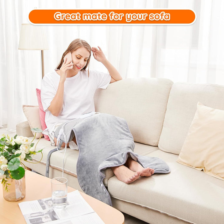Electric Heating Pad for Back Neck and Shoulders Pain Relief, (60X100Cm) Heated Warmer Fast-Heat Hot Therapy Warp with Waist Strap, 6 Heat Levels, Auto-Off Timer - Comfort Grey
