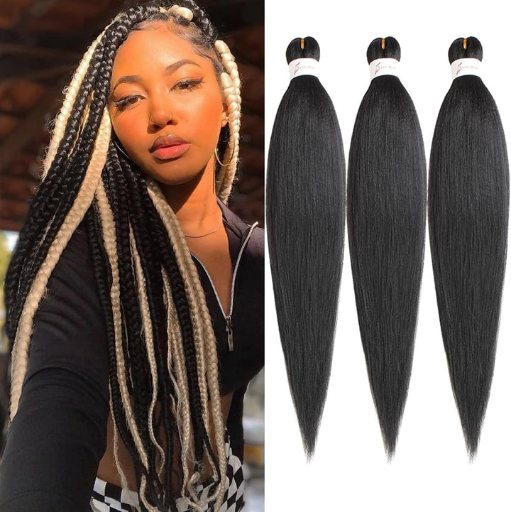 3 Packs Pre Stretched Braiding Hair Extension Yaki Texture EZ Braids Hair for Coi Leray Braids Black Braiding Crochet Hair Extensions /30 Inch 1B#
