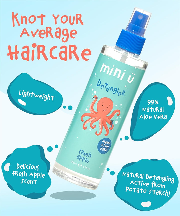 Mini U Kids Detangler Spray with Aloe Vera Juice - Fresh Apple Scented Hair Detangling Spray for Knots & Tangles - Vegan Hair Products for Children - 250 Ml