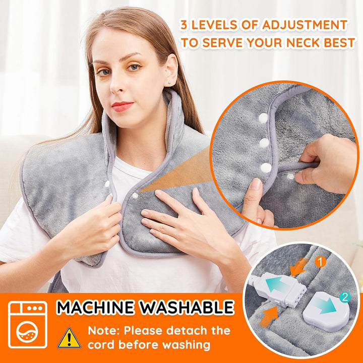 Electric Heating Pad for Back Neck Shoulders Pain Relief, XL 60X100Cm Soft Flannel Wrap, Waist Strap, Fast Heat Hot Therapy 6 Heat Settings, Auto-Off Timer, Machine Washable, UK Plug, Grey