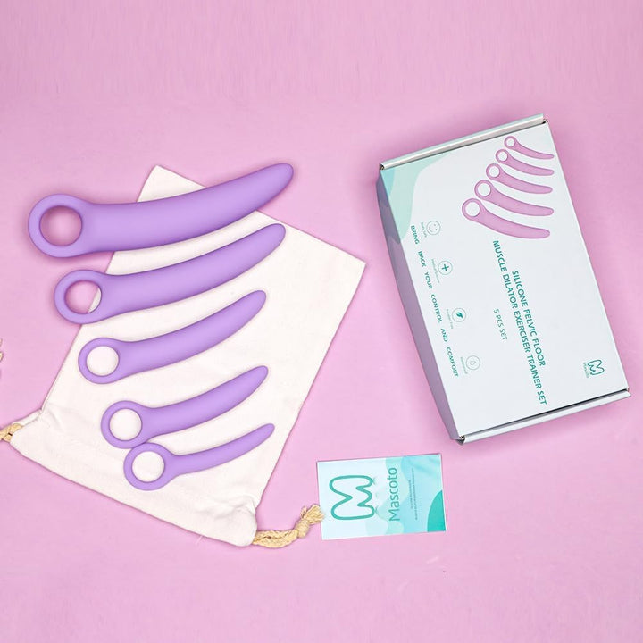 Pelvic Floor Trainer Set by Moscoto®, 5-Piece Set for Beginners to Advanced, Soft Silicone Muscle Dilators, Complete with Cotton Travel Pouch