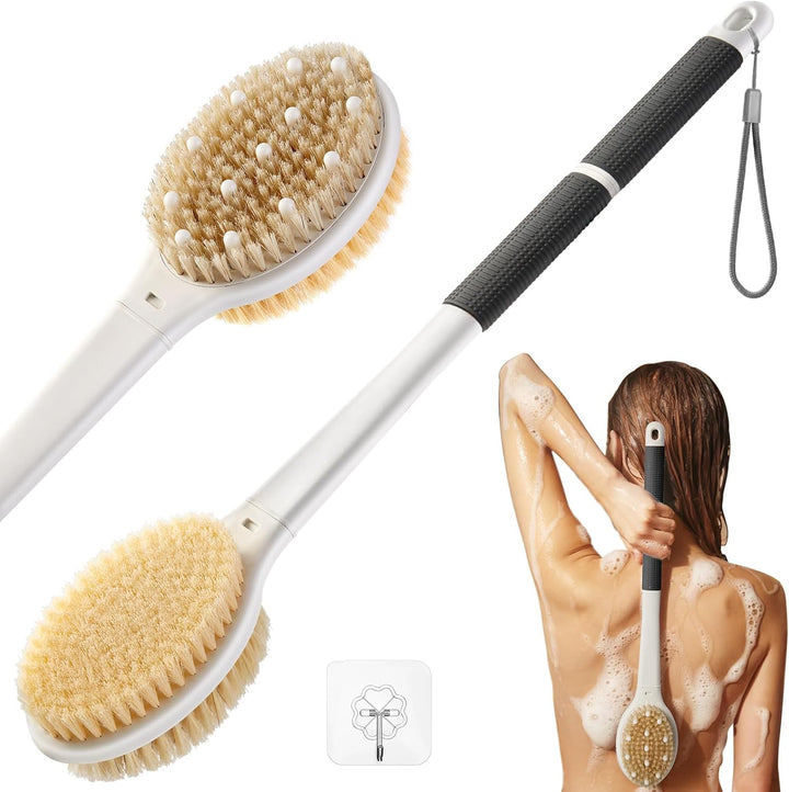 Back Scrubber Body Shower Brush: anti Slip Long Handle Bath Brush with Stiff and Soft Bristles - Showering Exfoliator Wet or Dry Brushing for Women, Men, Elderly (Blue)