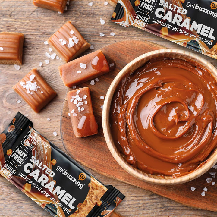 Getbuzzing Nut Free Oat Flapjack Healthy Snack & Energy Bars - Running,Gym, Cycling - Breakfast Snack - Made in the UK - Salted Caramel Pack of 20 X 62G Bars