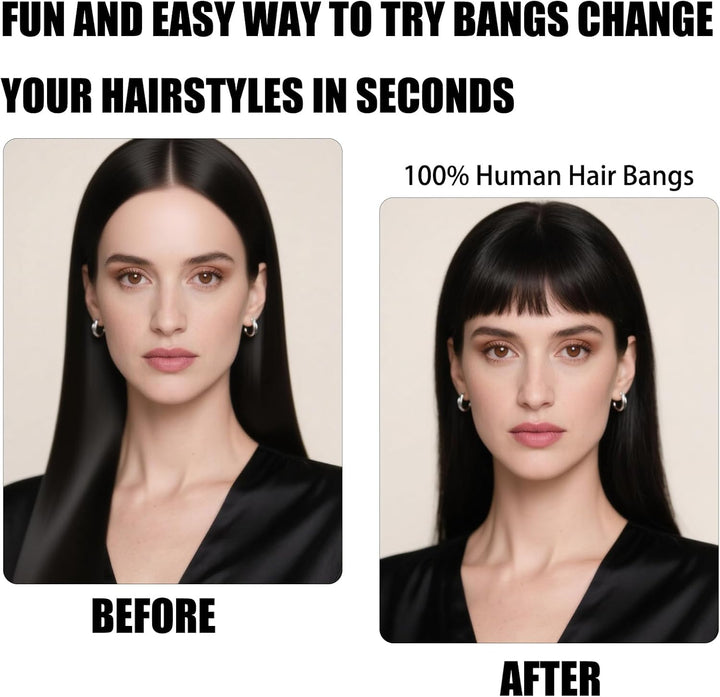 100% Human Hair Bangs Clip in Hair Extensions for Women, French Bangs Fringe with Temples, Natural Color, Washable, for Daily, Wedding, Party (Heat Resistant, Lightweight)