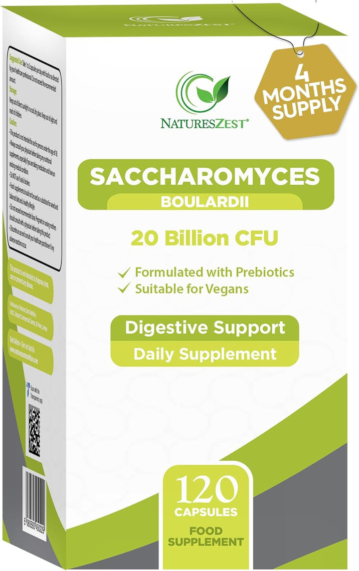 Saccharomyces Boulardii 20 Billion CFU - 120 Capsules | High Strength Prebiotics and Probiotics for Women & Men | Digestion Supplement with Natural Postbiotic Benefits | Vegan | 4 Months Supply