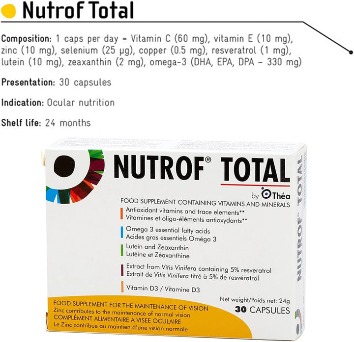 Nutrof Total Capsules – Eye Health Supplement with Lutein, Zeaxanthin, Omega 3, and Antioxidants | Essential Nutrients for Optimal Eye Health | Pack of 30 Capsules (1 Capsule per Day - 1-Month Supply)
