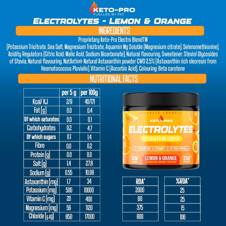 Keto-Pro Keto Electrolytes 250G | Electrolyte Powder Supporting Your Fasting, Health & Fitness Goals | 50 Servings | Lemon Orange Flavour