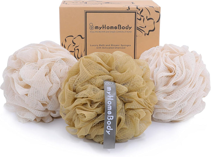 Large 70G Loofah Sponge, Bath Body Scrubber for Women, Men, Exfoliating Shower Pouf with Activated Charcoal - 2 Graphite Gray + 1 Sage Green, 3 Pack