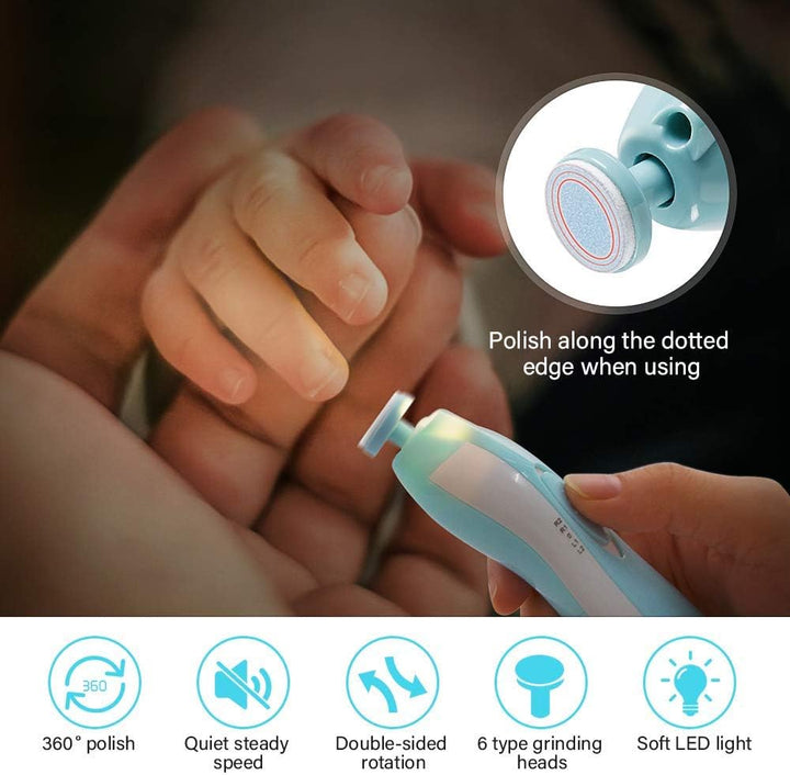 Baby Nail File,  Electric Baby Nail Clipper with LED Front Light - Safe and Quiet, Baby Nail Trimmer with 6 Grinding Heads for Newborn, Infant Toddler Kids