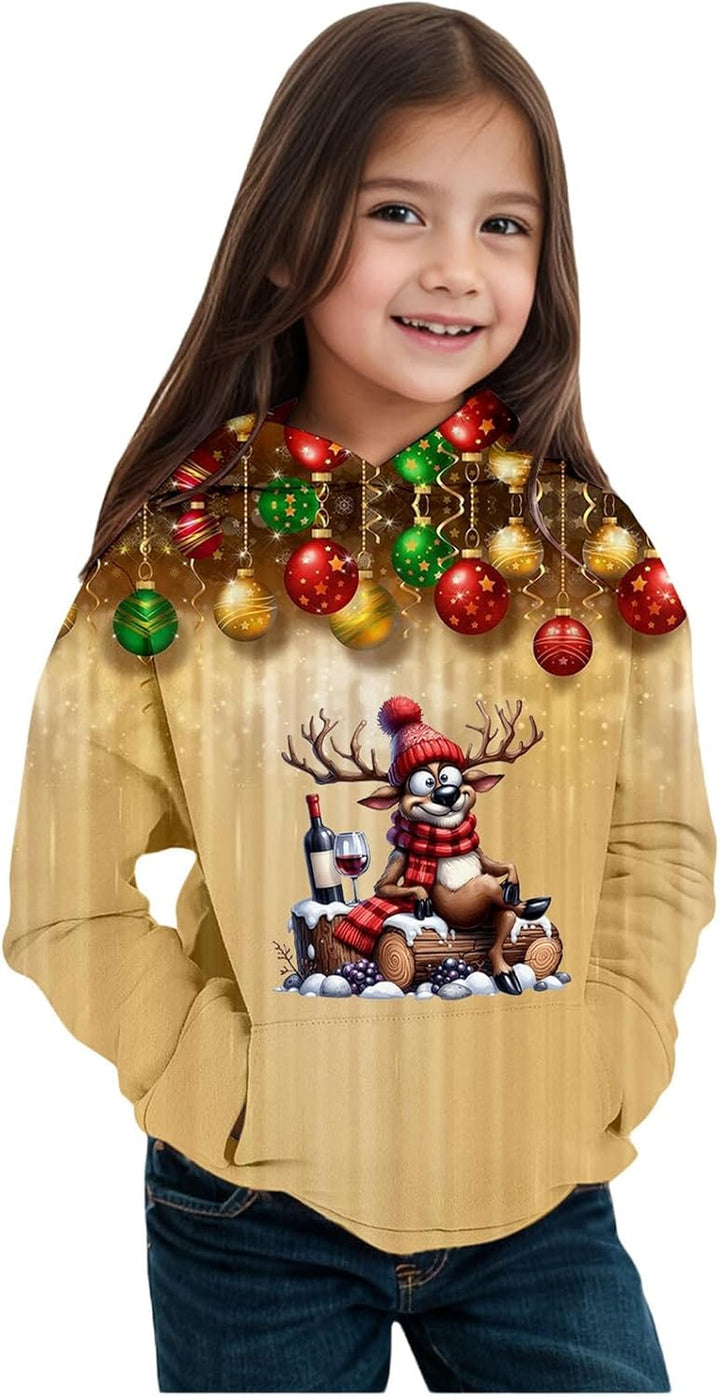 2025 Christmas Print Girls Hooded Sweatshirt Long Sleeve Pullover Top for Winter Holiday Festive Outfit Cozy Fleece Lined Soft Casual Wear