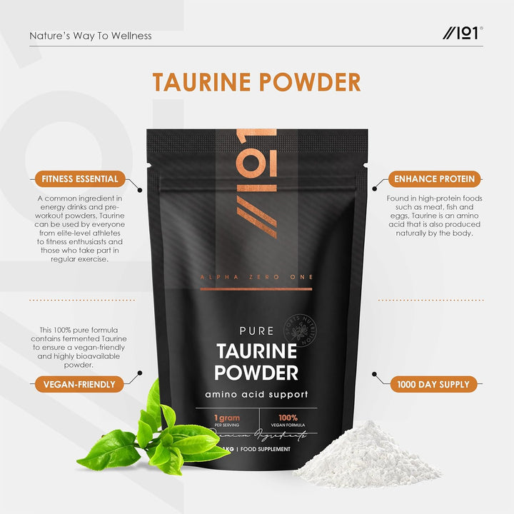 Taurine Powder 1Kg – Fermented L-Taurine Amino Acid Powder – Suitable for Vegans – Resealable and Recyclable Pouch by
