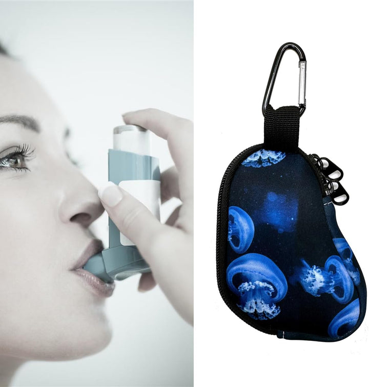 Asthma Inhaler Holder Neoprene Protective Portable Carrying Bag Travel Inhaler Mini Case Sleeve for L-Shaped Inhaler, Inhaler Not Included (Jellyfish)