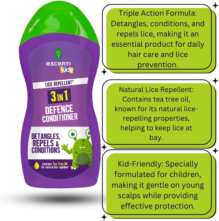Escenti Kids 3-In-1 Head Lice Prevention Bundle – Natural Lice Defence Shampoo (300Ml), Conditioner (300Ml) &  Nit Comb for Daily Headlice Protection