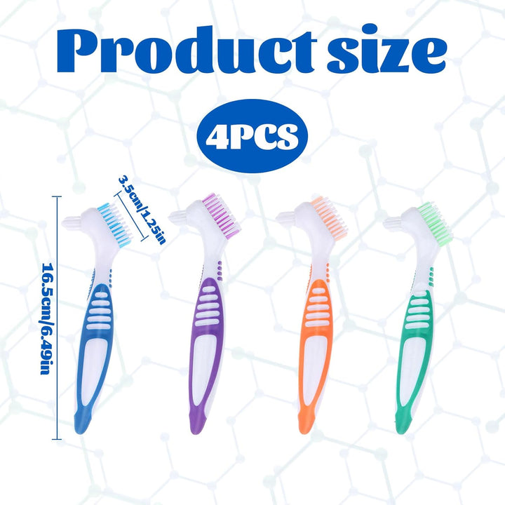Denture Brush - 4 Pcs Double Bristle Head Toothbrush, False Teeth Brush for Cleaning Retainers (Blue, Purple, Green, Orange)