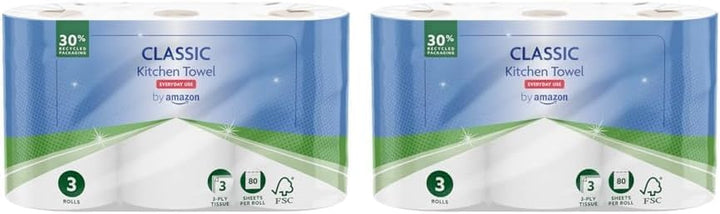 Classic Kitchen Roll, 3-Ply, Strong and Absorbent, 3 Rolls (1 Pack of 3), 80 Sheets per Roll, FSC Certified