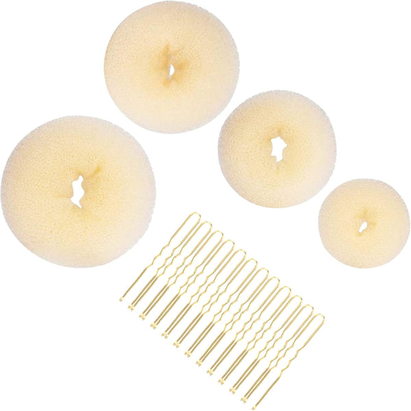 4Pcs Hair Donut Hair Bun Shaper Set,Chignon Bun Maker Hairring Style Accessories for Dancer Ballet Girls,4 Sizes Beige Donut Bun Maker and 12Pcs Golden Bobby Pins,Doughnut Bun Hairaccessories