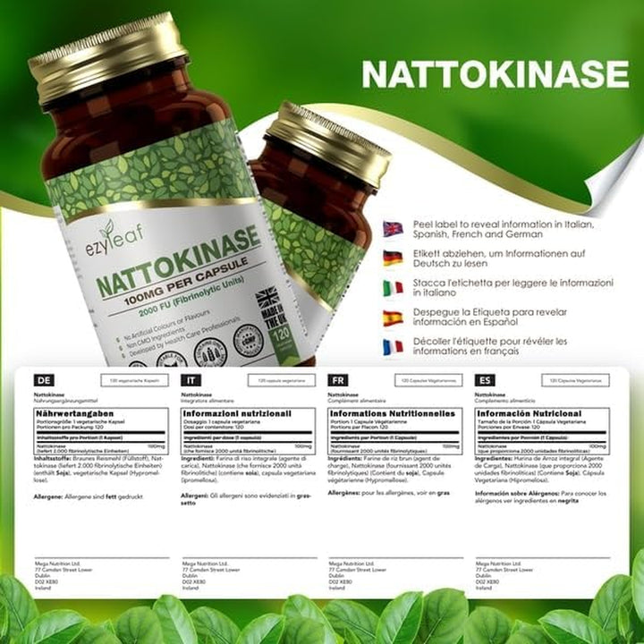 Ezyleaf Nattokinase 100Mg 2000 FU | 120 Vegan Capsules | Protein Enzyme from Japanese Natto | No Artificial Ingredients | ISO Certified, Vegan, Dairy & Gluten Free, Non-Gmo | Manufactured in the UK