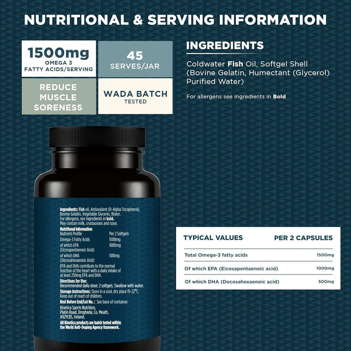 Sports Omega-3 Fish Oil | 1500Mg Omega-3 Fatty Acids, 1000Mg EPA & 500Mg Dha/Serve, 45 Servings/90 Capsule Pack | 2 Capsules/Day | Reduces Muscle Soreness with Anti-Inflammatory Properties