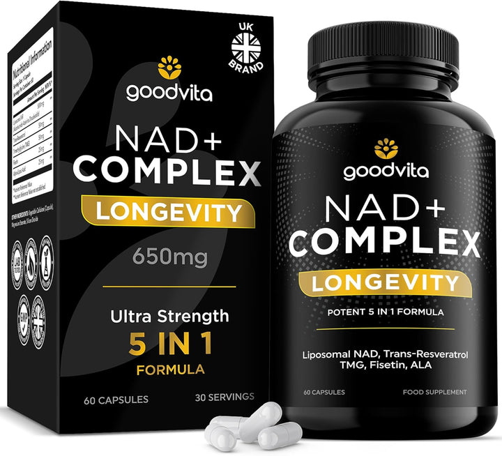 NAD+ Supplement 650Mg (5 in 1 Complex) 60 Caps, 2 Month Supply | UK Made | Boost NAD Levels | Resveratrol TMG Fisetin ALA | Liposomal High Bioavailability | Anti-Aging, High Strength