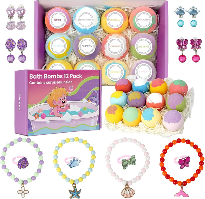 12 Pack Bath Bombs for Kids Girls with Surprise Toys Inside, Fun Kids Safe, Handmade Natural Bubble Spa Bath Ball with Jewelry Toys, Bath Bomb Gifts for Birthday Christmas Holiday for Girls Ages 3-12