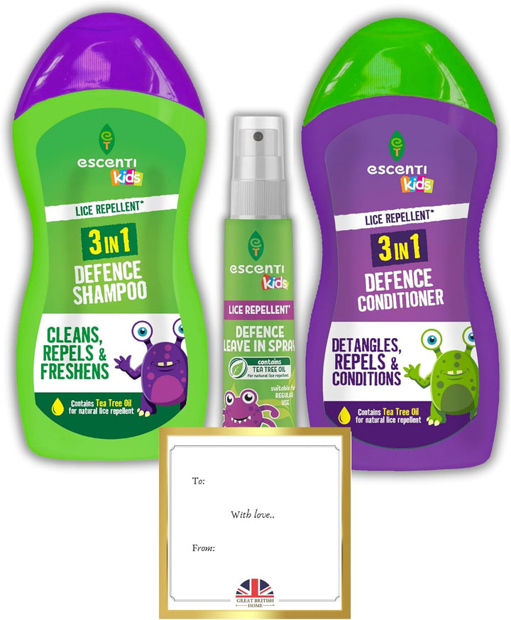 Escenti Kids Head Lice Treatment Defense Kit: Head Lice Shampoo, Tea Tree Conditioner & Leave-In Head Lice Prevention Spray for Kids Bundle by