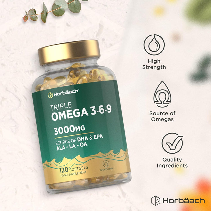 Triple Omega 3 6 9 Capsules 3000Mg ALA, LA & OA | 120 Softgels | High Strength EPA & DHA Essential Fatty Acids | Supplement with Fish Oil, Flaxseed & Sunflower Oil | by