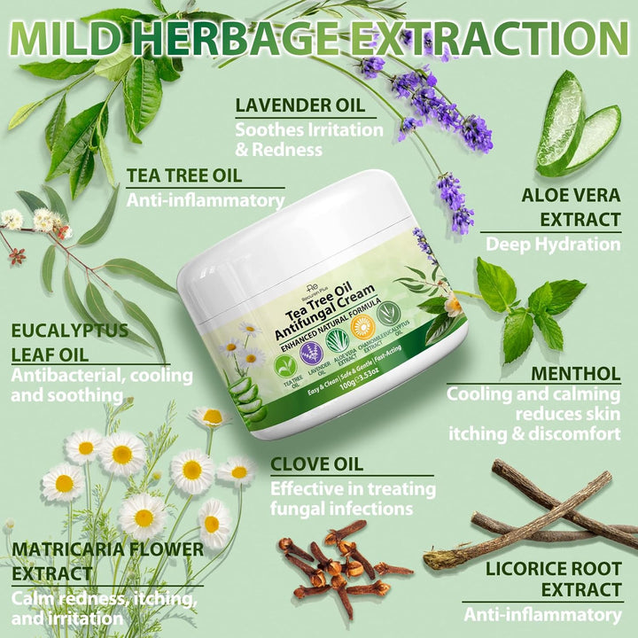Tea Tree Oil Antifungal Cream: Natural Treatment for Athlete'S Foot, Jock Itch, Ringworm, Eczema, and Tinea Versicolor, Soothing & Hydrating Formula, 100G