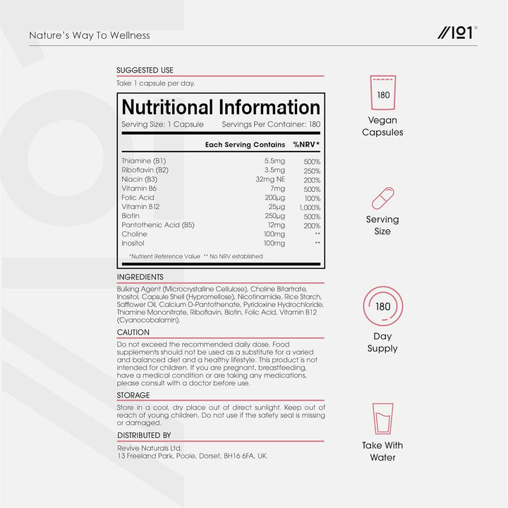 Vitamin B Complex - All Eight B Vitamins for Energy Support – 180 Vegan Capsules - B1,B2,B3,B5,B6,B12 & D3 - Resealable and Recyclable Pouch by