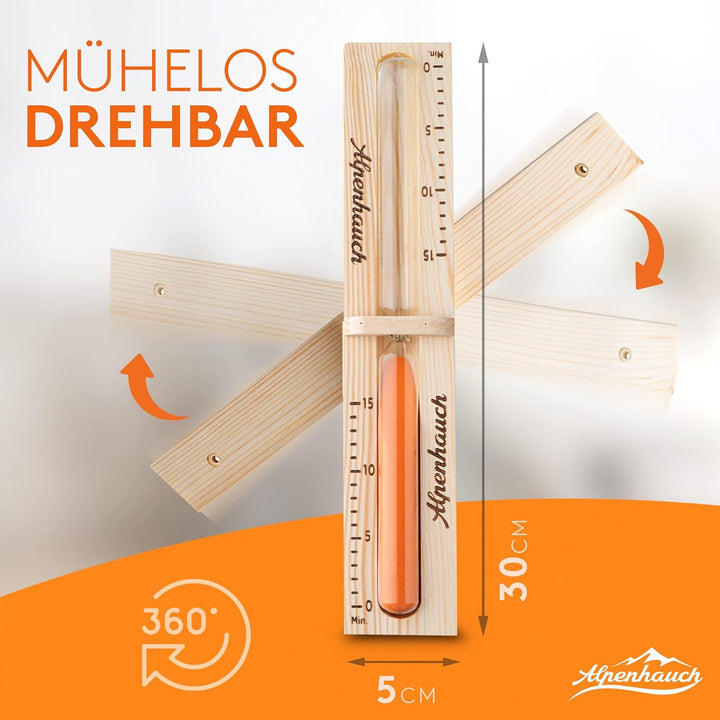 Sauna Sand Timer 15 Minutes Made of 100% Natural Wood,Elegant Sauna Clock with Ultra Fine Sand,360° Rotatable Wooden Sauna Clock,Includes Sauna Book + Mounting Accessories