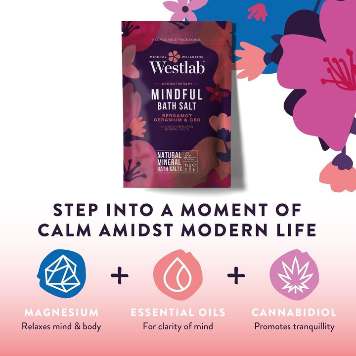 Mindful CBD Bath Salts 1Kg - Epsom & Himalayan Salts Infused with Bergamot, Geranium for Calming and Soothing, Guaranteed Purity.