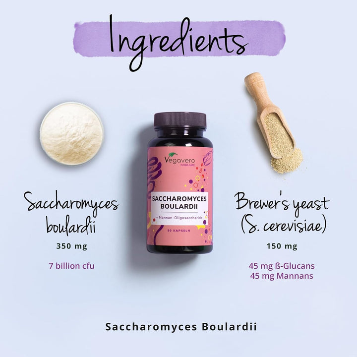Saccharomyces Boulardii | Prebiotic and Probiotic Supplements | NO Additives | 7 Billion CFU per Capsule | 350 Mg S. Boulardi & 150Mg S. Cerevisiae | Vegan