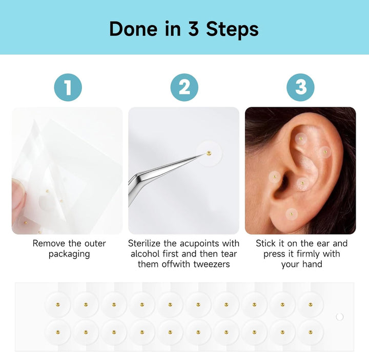 200PCS Ear Seeds, Gold Acupuncture Ear Seeds, Disposable ACU Seeds Health Care Sticker Kit for Men and Women Migraines Anxiety Stress Insomnia Depression Relief (10 Sheets)