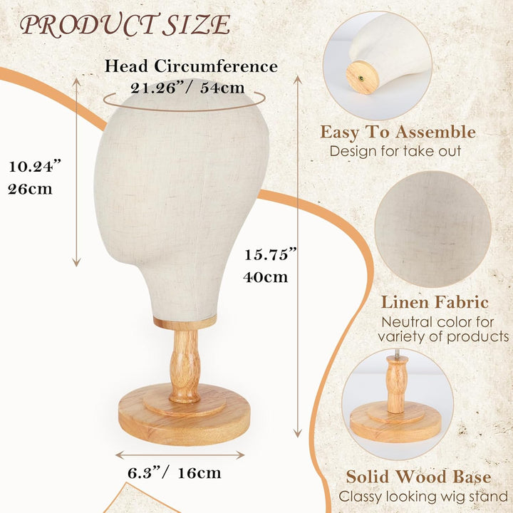 Canvas Wig Stand Mannequin Head for Hat Display, 21" Neutral Canvas Head with Detachable Wooden Base, Display Headdress Helmet Bridal Veil Wedding Headpiece Glasses Headdbands, Unpinnable