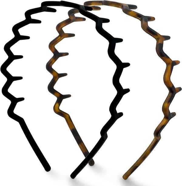 Zig Zag Headbands - Recycled Plastic Hair Band for Men & Women | Classic 90S Hairband | Mens Headband | Wavy Headband with Teeth | Hair Headbands for Women, 2Pc (Black&Tort)