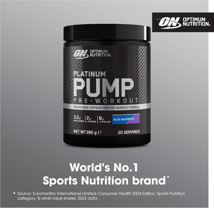 on Platinum Pump Pre-Workout, Intense Caffeine-Free Pre-Workout Food Supplement with Fruitflow, Beta-Alanine, L-Arginine, L-Citrulline, Blue Raspberry Flavour, 20 Servings, 380 G