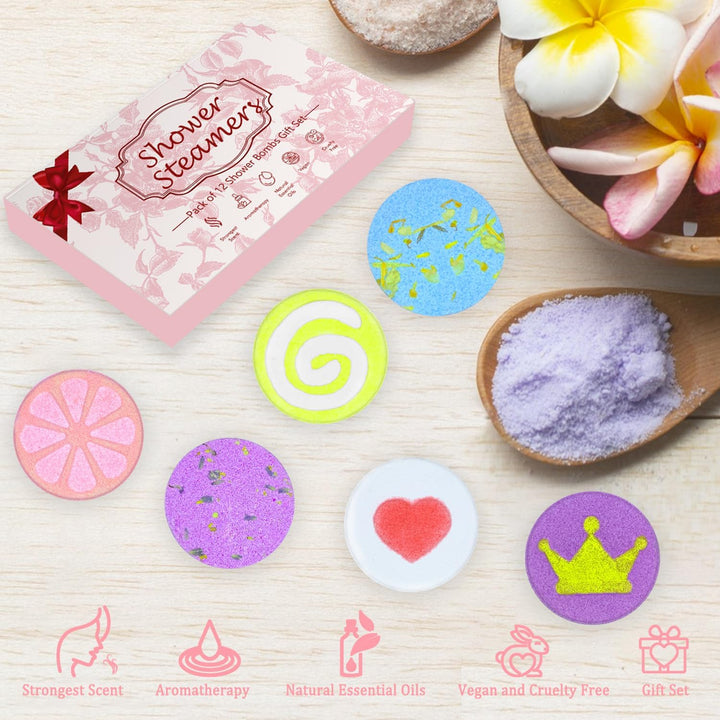 Shower Steamers, 12 PCS Shower Bombs for Women and Men Present, Aromatherapy Bath Bombs Shower Tablets with Natural Essential Oils for Birthday, Christmas, Valentines Present