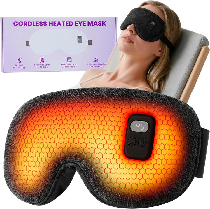 Heated Eye Mask: Cordless Warm Eye Compress - Rechargeable Silk Sleep Mask for Sleep Travel Office - Moist-Warming Mask with Adjustable Heat & Timer Washable Cover, Gift for Women Men Thermal Pillows
