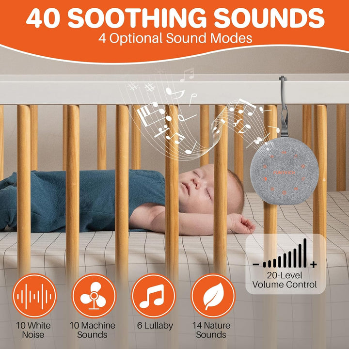 Portable White Noise Machine Baby, Rechargeable Sound Machine with 40 Soothing Sounds, Battery Indicator, Timer & Night Light, Sound Therapy White Noise Machine for Adults Baby Kids