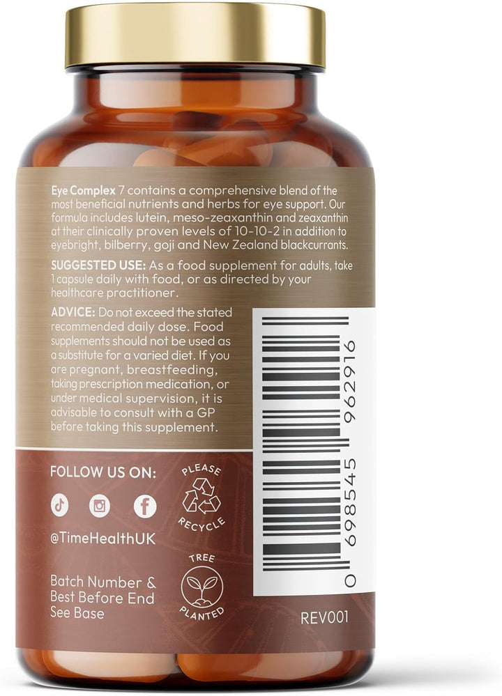 Eye Complex 7-120 Capsules - Lutein, Meso-Zeaxanthin, Zeaxanthin, NZ Blackcurrant, Bilberry, Goji & Eyebright – 4 Month Supply – UK Manufactured