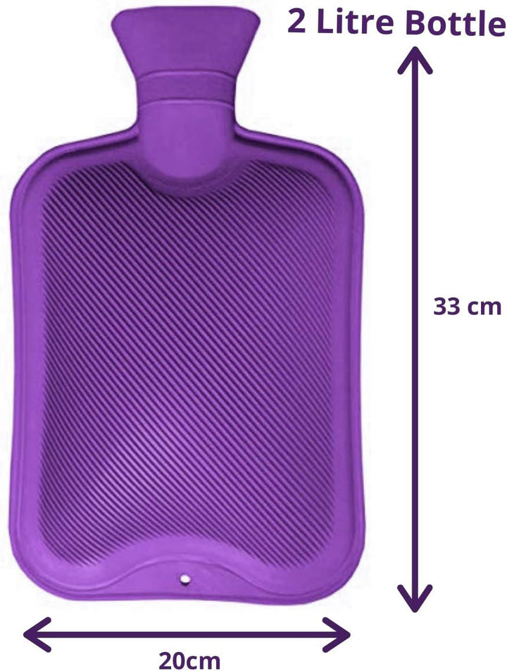 Pack of 2 Hot Water Bottles Natural Rubber Large Hot Water Bottle 2L Large Capacity | Ribbed Hot Water Bag for Pain Relief Secure & Leakproof (Assorted Colours)