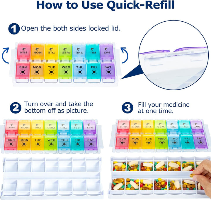 7 Day Pill Organiser 2 Times a Day, Weekly Pill Box Push Button 2 in 1 Design, Large Tablet Box for Travel, BPA Free Daily Pill Case, Pill Boxes 14 Day for Vitamin/Fish Oil/Supplements/Medication